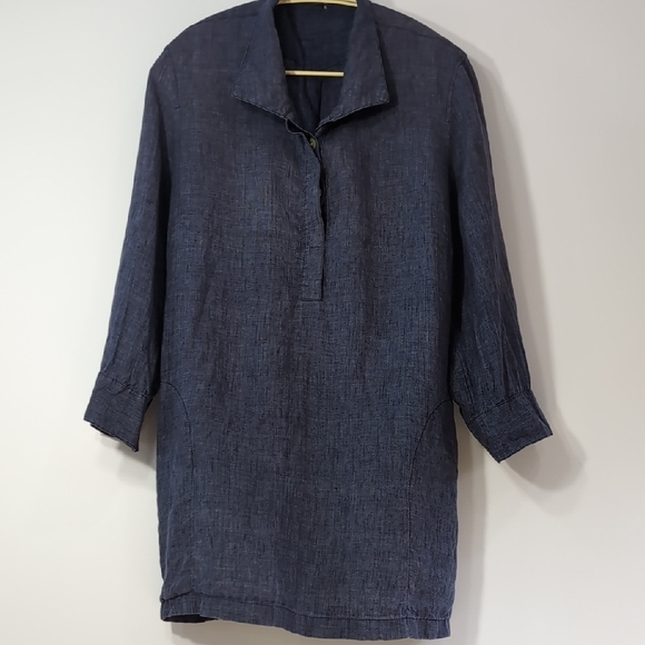 Paperwhite | 100% Linen Chambray Blue 3/4 Sleeve Boxy Tunic with Pockets Size L - Picture 1 of 12